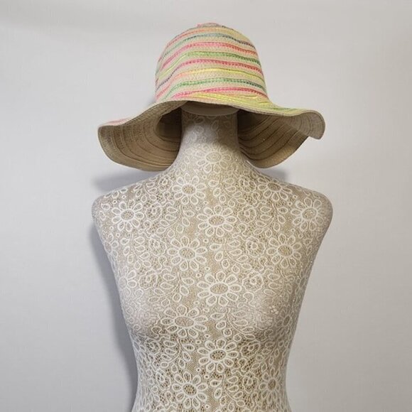 Summer Ladies Sun Beach Paper Straw Neon Stripe Hat Floppy Foldable Med Brim - Picture 3 of 12